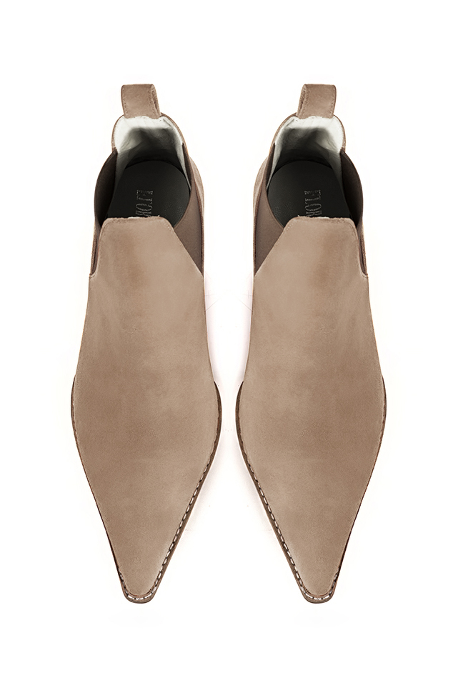 Tan beige and taupe brown women's ankle boots, with elastics. Pointed toe. Medium cone heels. Top view - Florence KOOIJMAN